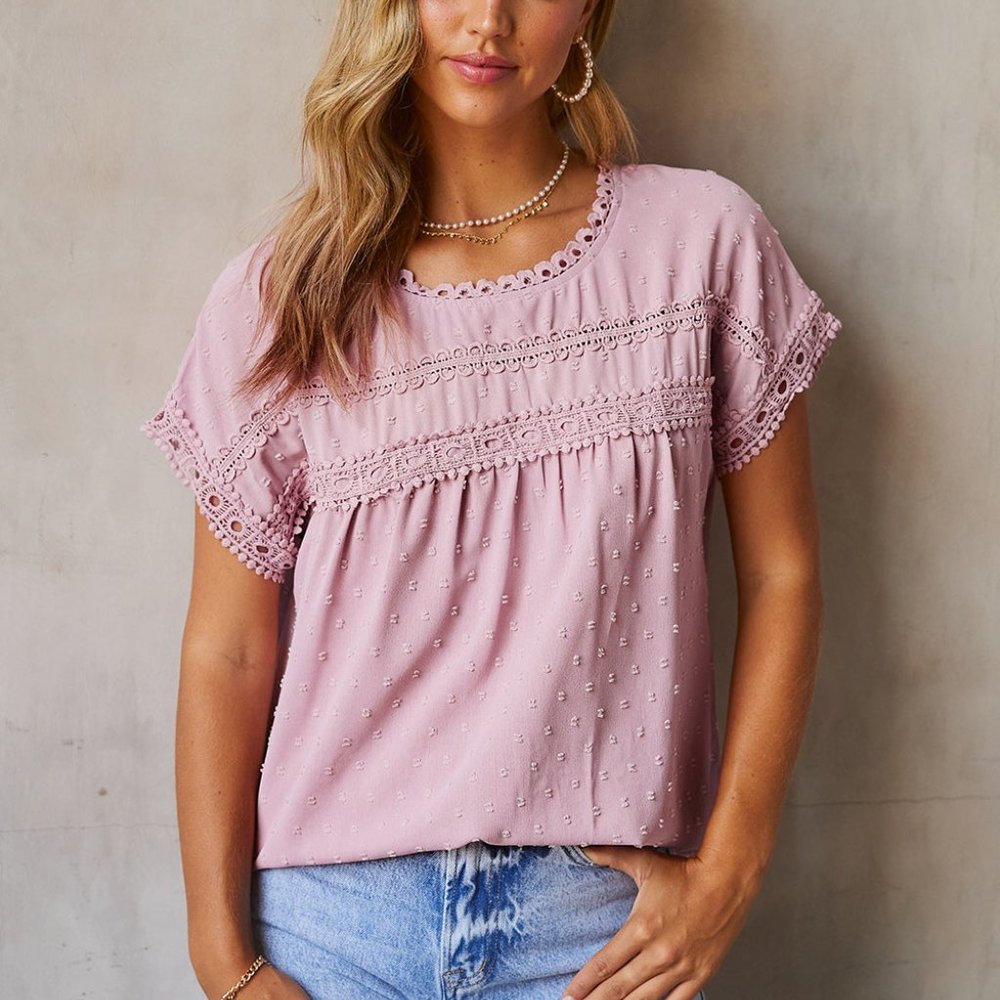 🆕 Swiss Dot Decorative Button Short Sleeve Top